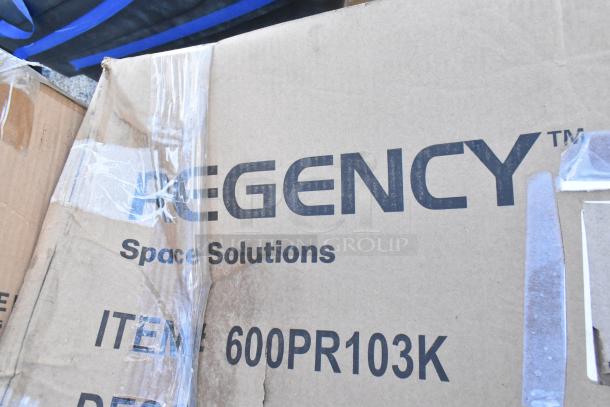 Cardboard box labeled "Regency Space Solutions," featuring item number 600PR103K. Box is slightly worn with visible tape.