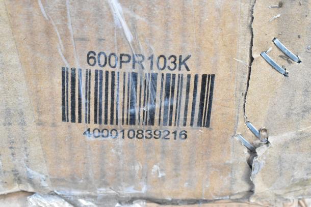 Barcode label on cardboard for 600PR103K Regency 10 Pan End Load Half Height Bun/Sheet Pan Rack, unassembled.