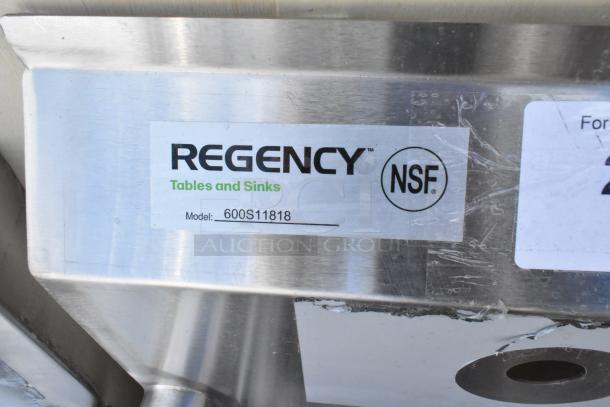 Regency 600S11818 stainless steel single bay sink, brand new, scratch and dent condition. NSF certified label visible.