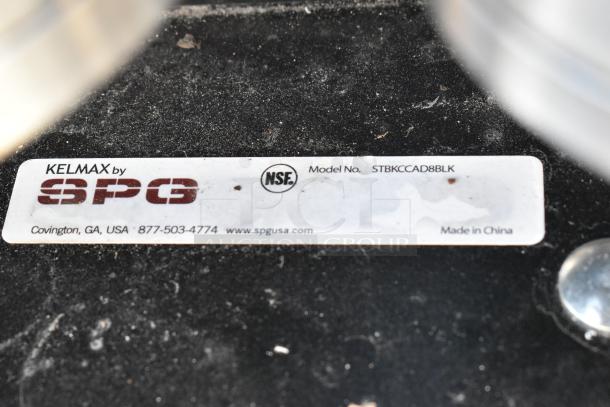 Metal 8 Chute Cup Dispenser on casters, Kelmax by SPG, Model STBKCCAD88BLK, made in China, used condition.