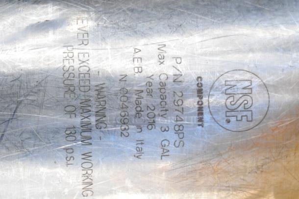 Chrome 3-tier wire shelving with tanks, requires dismantling. NSF label: max capacity 3 GAL, 2016, Italy, P/N 29748PS.