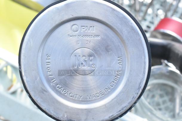 Chrome finish 3-tier wire shelving unit with tanks, buyer to dismantle. PMI lid shows 34 fl oz capacity, made in China.