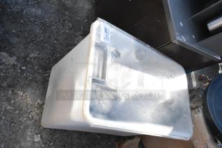 White poly ingredient bin with clear lid, used condition. Includes label "282," indicating item number for auction tracking.