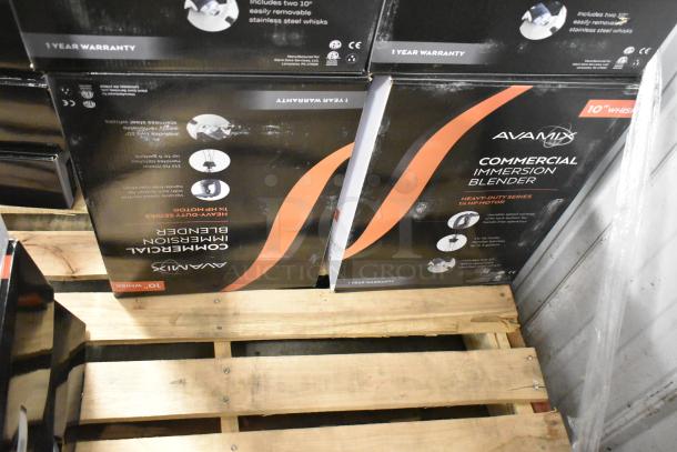 Alt text: New AvaMix 928IBHDW10 heavy-duty immersion blenders in boxes, featuring 10" whisk, 1 1/4 hp, 120V, 1-phase.