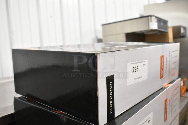 Brand new AvaMix 928IBHDW10 immersion blender box, with a 10" whisk, featuring a 1 1/4 hp motor. Label indicates auction item 295.