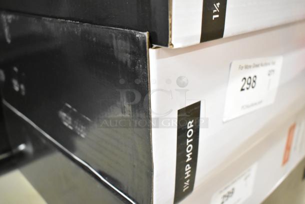 Box of AvaMix 928IBHDW10 immersion blender, visible scratch on edge, labeled 1 1/4 hp motor, and auction tag number 298.