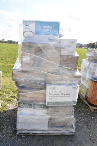Pallet of 40 new scratch and dent items including serving bowls, portion cups, and dispenser napkins, wrapped in plastic.