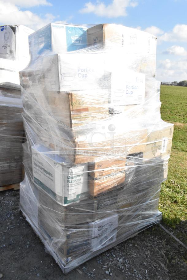 Pallet of assorted new scratch and dent items; includes boxed bakery bags, fiber plates, portion cups, towels, plastic bags.