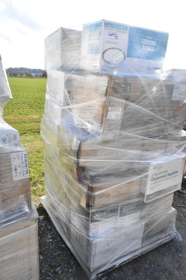Pallet of 40 scratch-and-dent items, including bakery bags, fiber plates, portion cups, towels. Boxes wrapped in plastic.