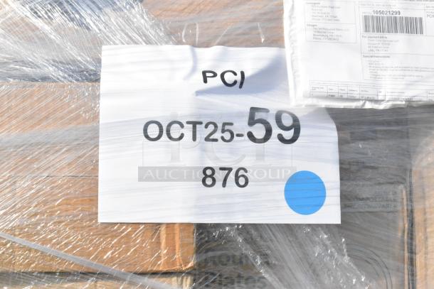Auction pallet with 40 brand new scratch and dent items, including bakery bags, fiber plates, and towels. Lot tag "OCT25-59 876."