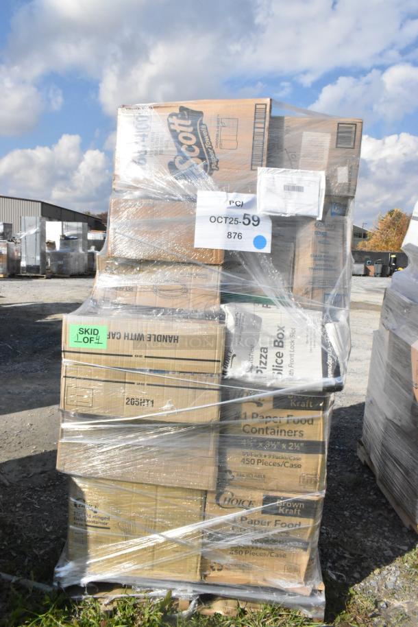 Shrink-wrapped pallet of 40 brand new scratch and dent items, including bakery bags, fiber plates, portion cups, and towels.