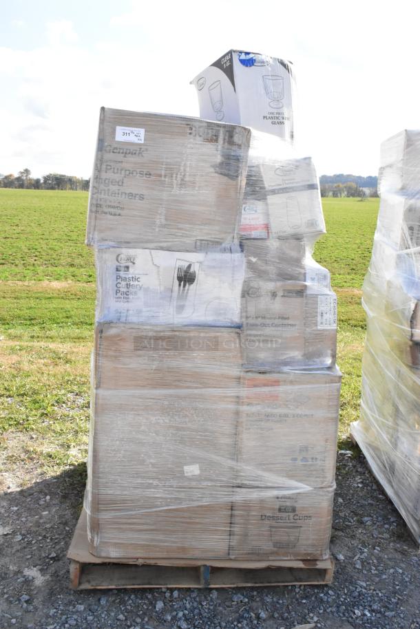 Stacked boxes on a pallet, including foam trays, dessert cups, can liners, and champagne flutes. Scratch and dent condition.