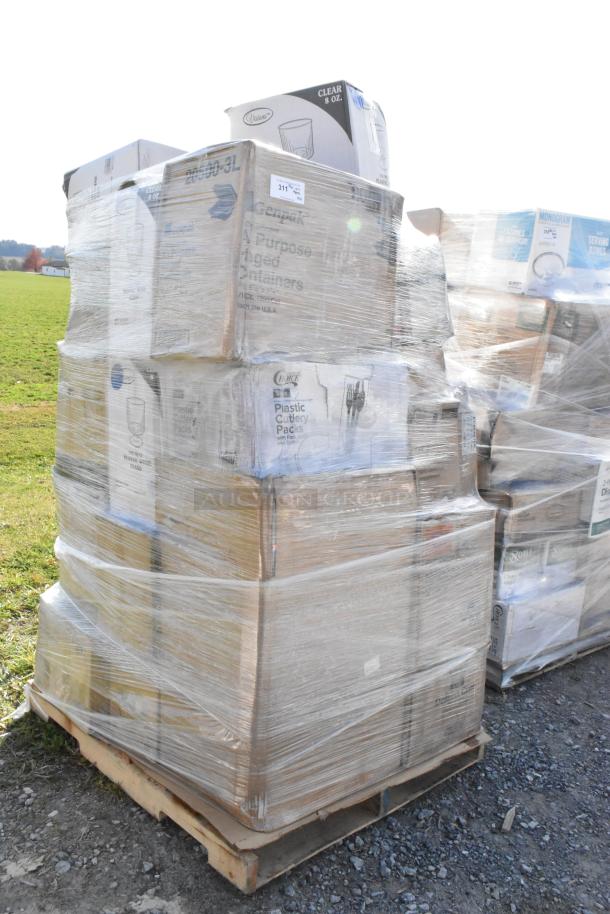 Shrink-wrapped pallet of 31 new scratch and dent items including foam trays, dessert cups, can liners, champagne flutes.