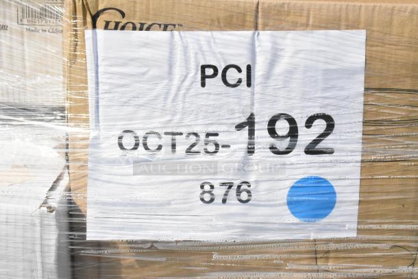 Pallet of 31 brand new scratch and dent items, including foam trays and dessert cups, wrapped with label "OCT25-192, 876."