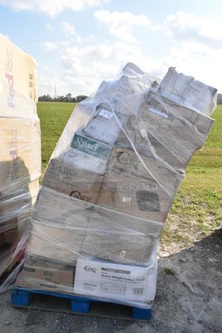 Plastic-wrapped pallet with 34 new scratch and dent items, including Noble gloves and Choice containers, on sale.