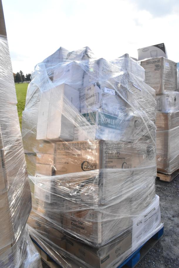Pallet of 34 brand new scratch and dent items, including cold cups, plates, and containers, wrapped in plastic for auction.