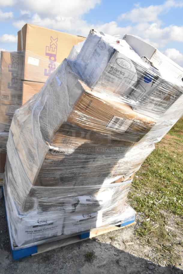 Pallet of 34 brand new scratch and dent items, including cold cups, plates, and containers, wrapped in plastic packaging.