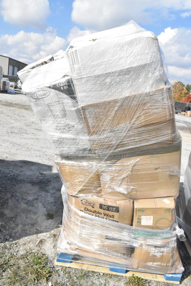 Pallet of 34 new scratch and dent items, including cold cups, plates, containers, wrapped in plastic, visible labels.