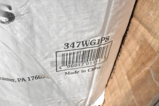 Box with barcode 347WG1P8, labeled "Made in China," containing new scratch and dent items like cups, plates, and containers.