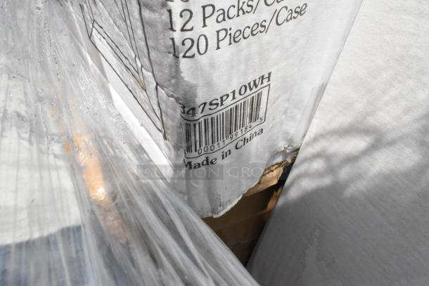 Cardboard box labeled with "12 Packs/Case, 120 Pieces/Case," and "Made in China," partially wrapped in plastic, showing scratch and dent condition.