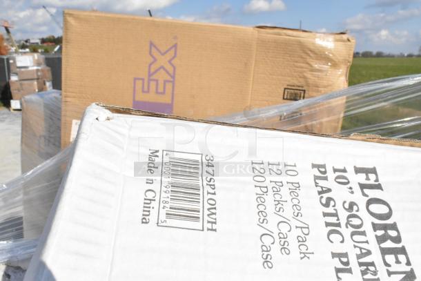 Cardboard boxes labeled “Florence” containing 10” plastic plates, 10 pieces per pack, 12 packs per case, scratch and dent.