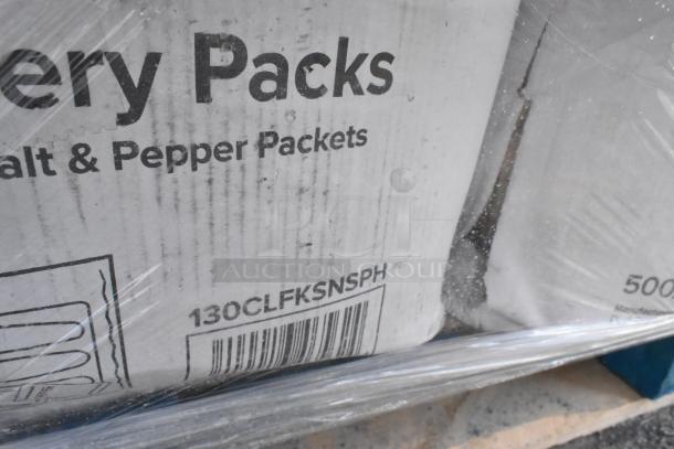 Cardboard boxes labeled "Salt & Pepper Packets" with barcode "130CLFKSNSPH," wrapped in plastic. Scratch and dent condition.