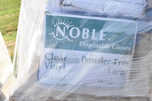 Noble disposable gloves packaging, clear vinyl, powder-free, large size, visible through protective wrap.