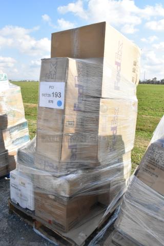 Pallet with 14 new scratch and dent items, including towels, portion cups, plates, and gloves, wrapped in FedEx boxes.