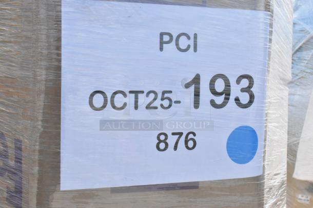 Plastic-wrapped pallet with label "PCI, OCT25-193, 876" indicating auction lot details. Contains scratch and dent items.