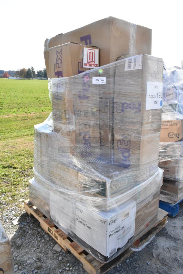 Skid of 14 new scratch and dent items, including FedEx boxes, Choice portion cups, wrapped and labeled for auction.