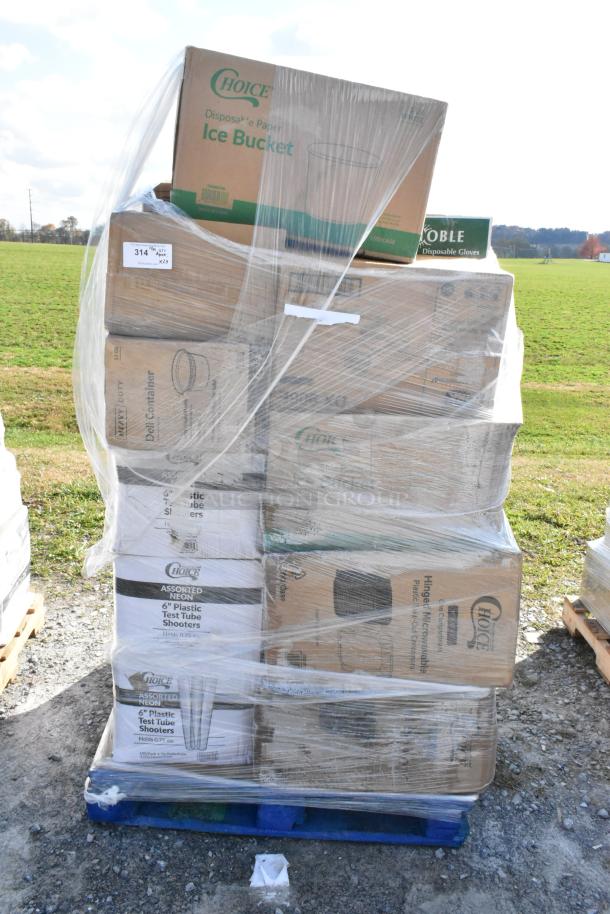 Pallet of 23 new scratch and dent items, including Choice ice bucket, Noble gloves, packed in wrap, on a blue pallet.