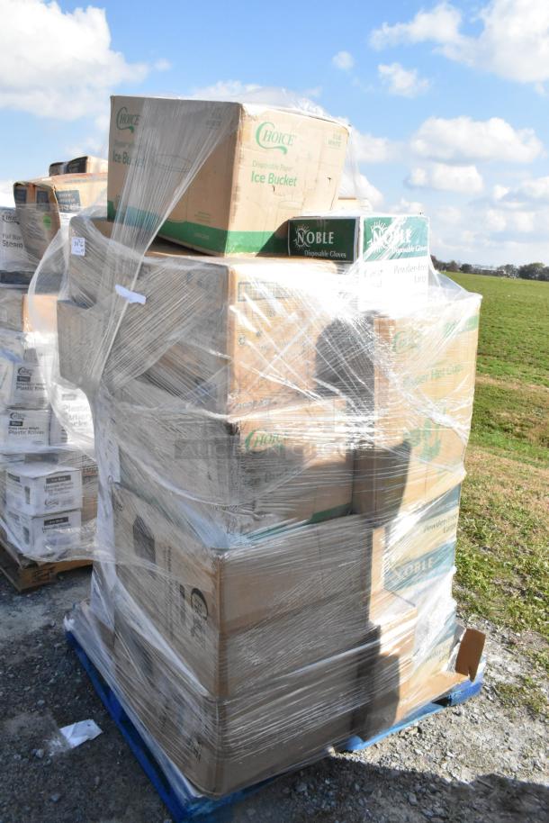 Pallet of 23 new scratch-and-dent items, including Choice ice buckets and Noble disposable gloves, shrink-wrapped for auction.