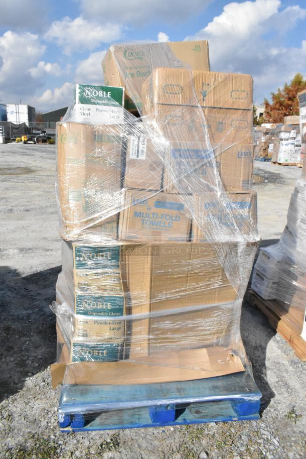Pallet with 23 new scratch and dent items: Noble gloves, towels, ice bucket. Wrapped and labeled for auction.