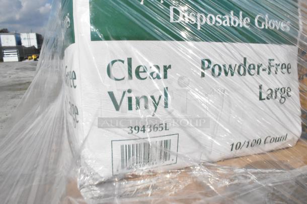 Box of clear vinyl powder-free large disposable gloves, 394365L, sealed in plastic wrap, visible barcode.