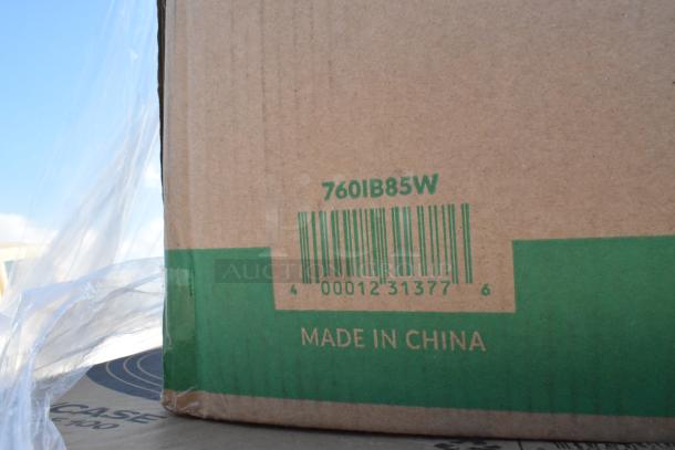 Cardboard box with green label, barcode 760IB85W, "Made in China" marking. Contains various scratch and dent items.