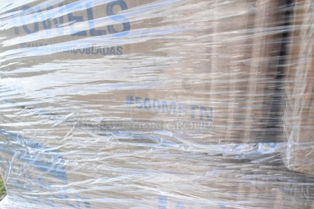 Clear plastic-wrapped pallet containing 23 new scratch and dent items, including gloves, ice bucket, towels. Markings show "TOWELS" and "#500METN."