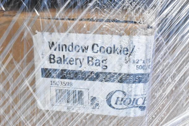 Plastic-wrapped box labeled "Window Cookie/Bakery Bag" by Choice. Contains 500 bags, item code 1503598. Scratch and dent condition.
