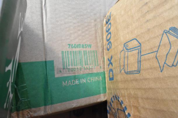 Cardboard box showing barcode 760IB85W, marked "Made in China." Contains scratch and dent items like gloves, ice buckets.