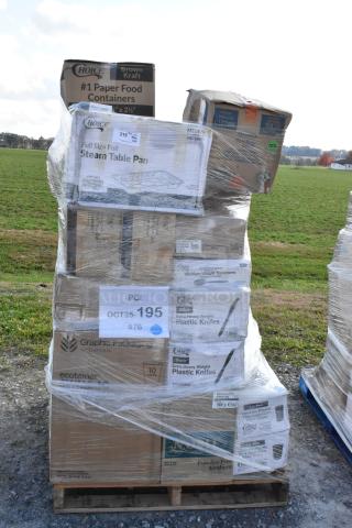 Pallet of assorted packaging including paper food containers, steam table pans, plastic knives, and more. Scratch and dent condition.