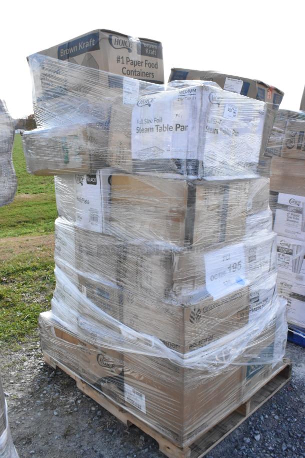 Pallet of assorted scratch and dent items including paper cups, towels, portion cups, bakery bags, wrapped in plastic.