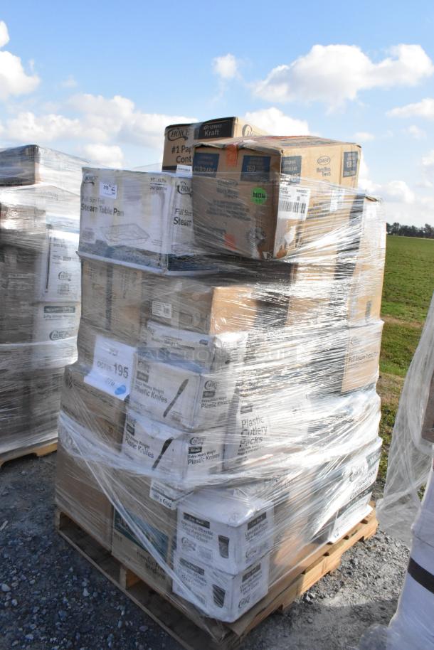 Pallet of brand new scratch and dent items including paper cups, towels, portion cups, bakery bags, and more.