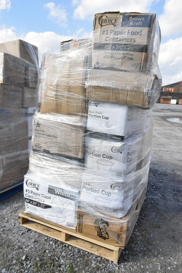 Pallet of 29 new scratch and dent items, including Choice brand paper cups, portion cups, and bakery bags, wrapped in plastic.