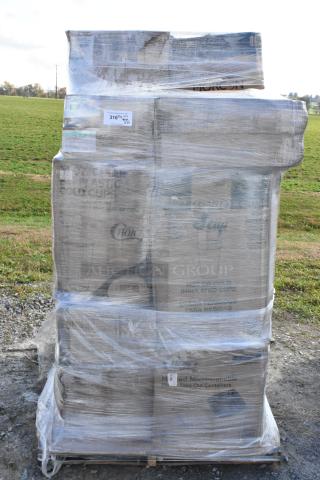 Pallet of 24 brand new items including napkins, cups, straws, and gloves. Wrapped, minor scratches. Tags show 316 units.