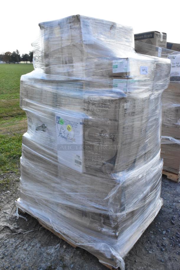 Pallet of assorted items wrapped in plastic, including napkins, cups, straws, and gloves. Scratch and dent condition. Tags indicate 24 units.