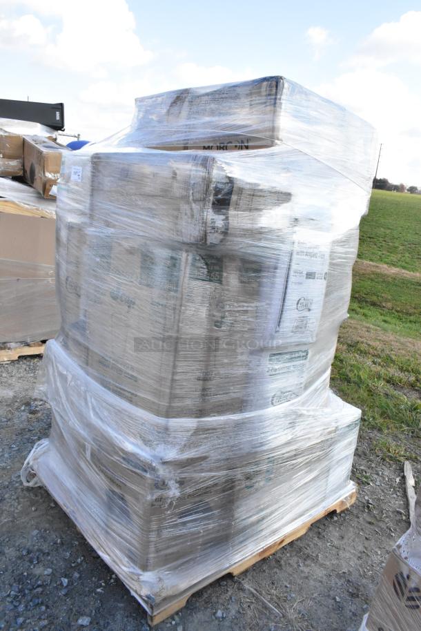 Pallet of 24 brand new assorted items shrink-wrapped, including napkins, cups, straws, and gloves, marked as scratch and dent.