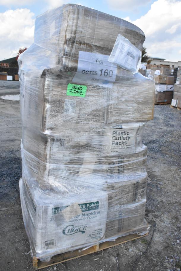 Pallet of 24 brand new items including napkins, cups, straws, gloves, wrapped in plastic with visible labels and shipping tags.