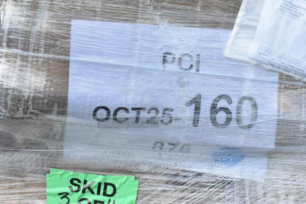 Pallet with packaging, label showing "OCT25 160" and "SKID 3 OF 4", containing 24 scratch and dent items like napkins and cups.