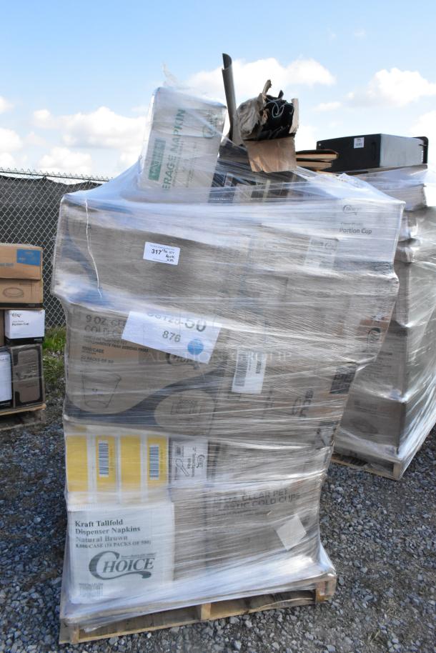 Pallet of 35 brand new "scratch and dent" items, including napkins, plates, gloves, cold cups, and can liners, shrink-wrapped for auction.