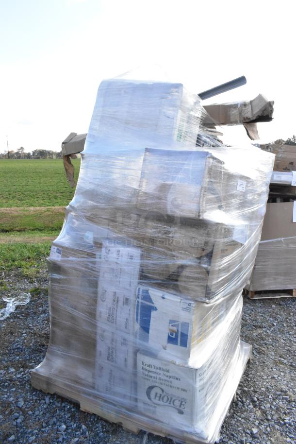 Pallet of 35 brand new scratch and dent items, including napkins, plates, gloves, cold cups, can liners, wrapped in plastic.