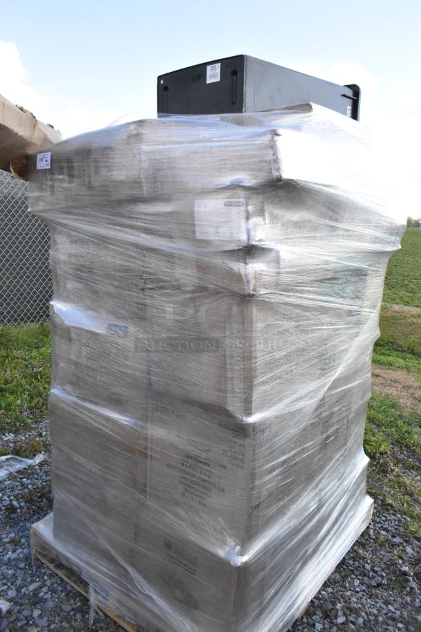 Pallet of 34 scratch and dent items, shrink-wrapped, including containers, Depends, can liners, and paper towels.